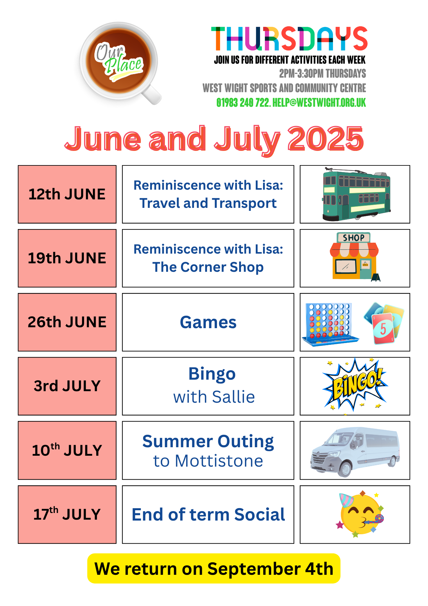 Image showing timetable for Our Place Thursdays in March and April 2025<br />
