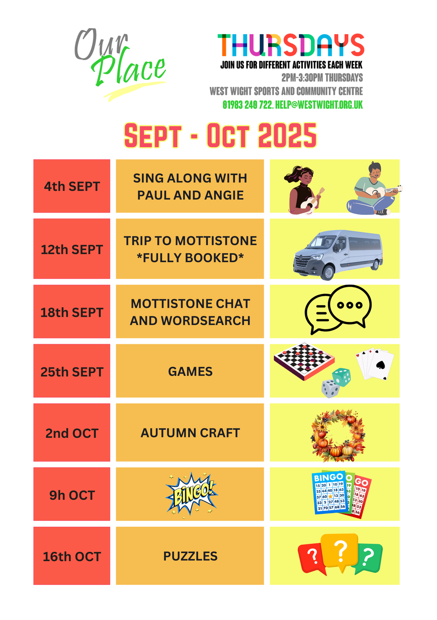 Sept - Oct 2025 Image showing timetable for Our Place Thursdays in March and April 2025<br />