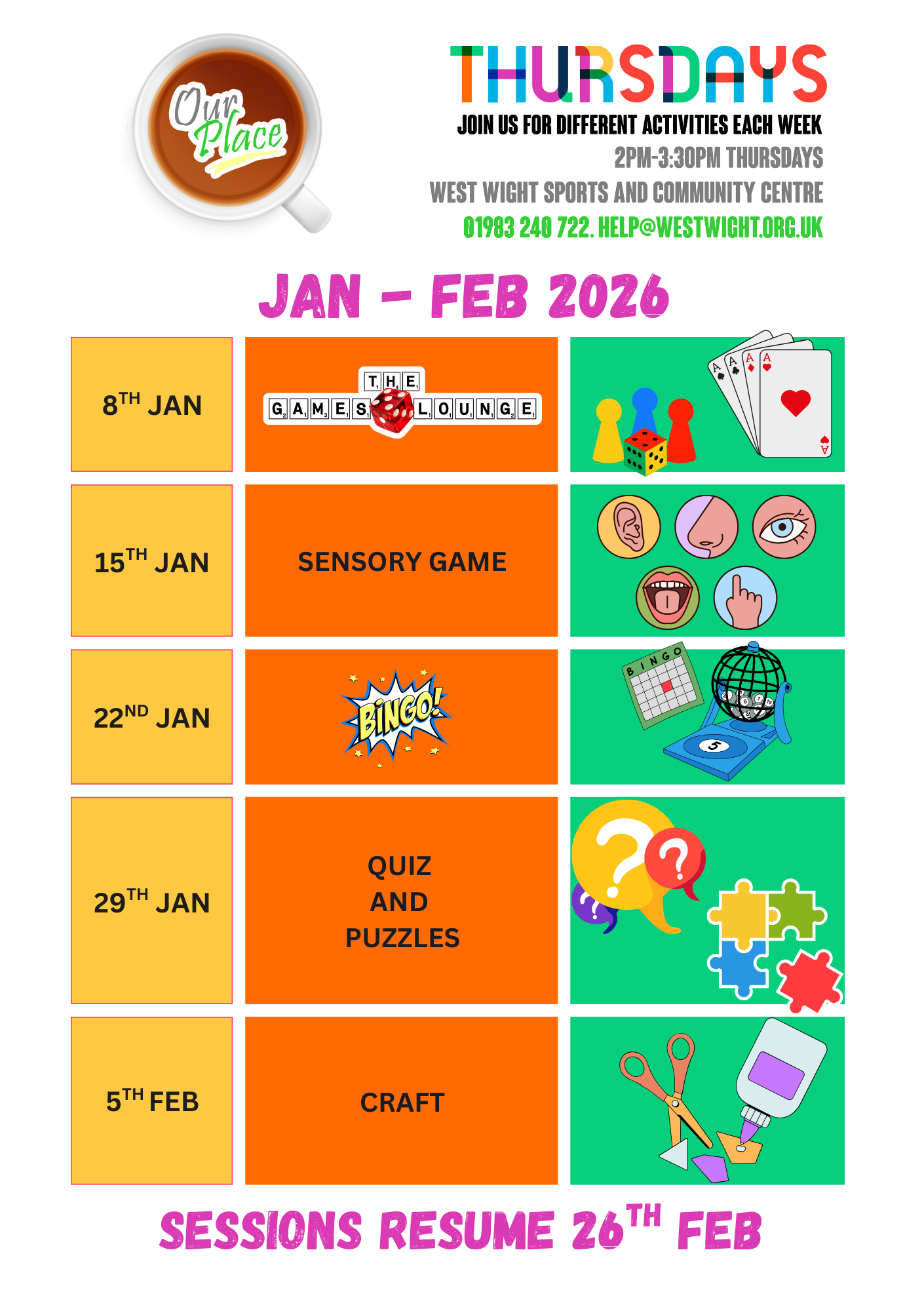 Image showing timetable for Our Place Thursdays in March and April 2025<br />
