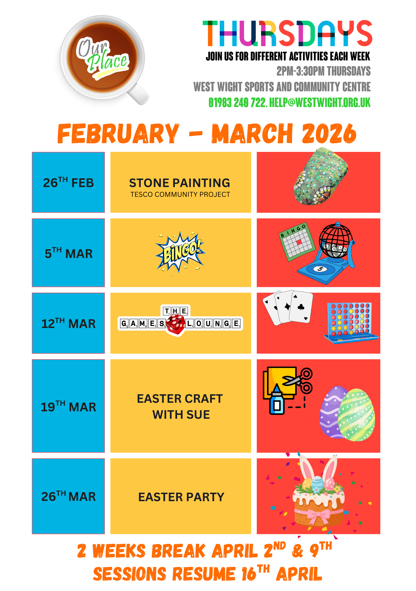 Image showing timetable for Our Place Thursdays in March and April 2025<br />
