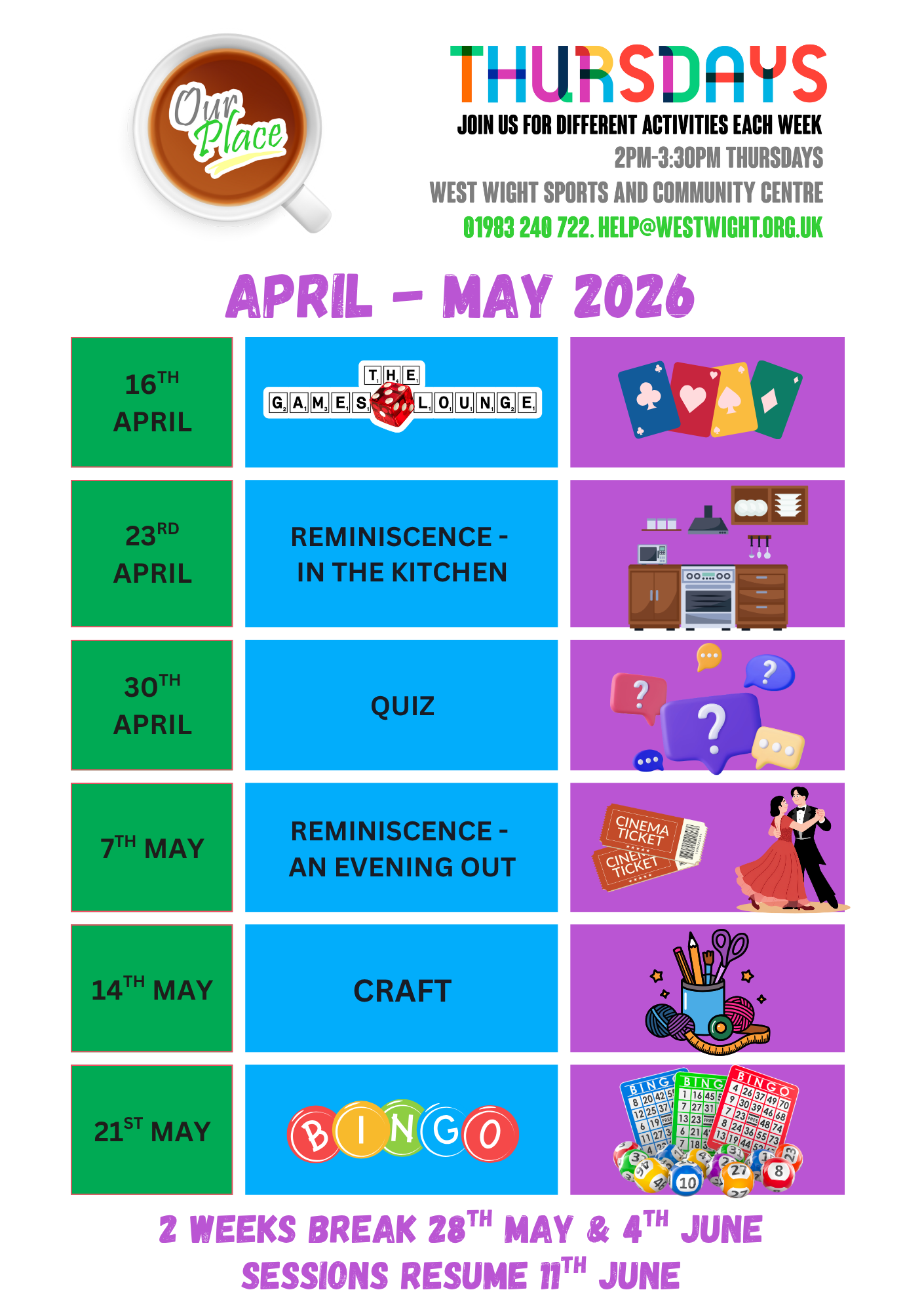 Image showing timetable for Our Place Thursdays in March and April 2025<br />
