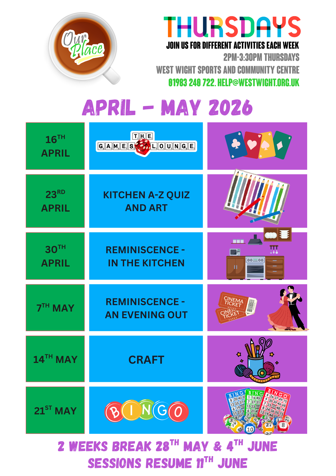 Image showing timetable for Our Place Thursdays in March and April 2025<br />
