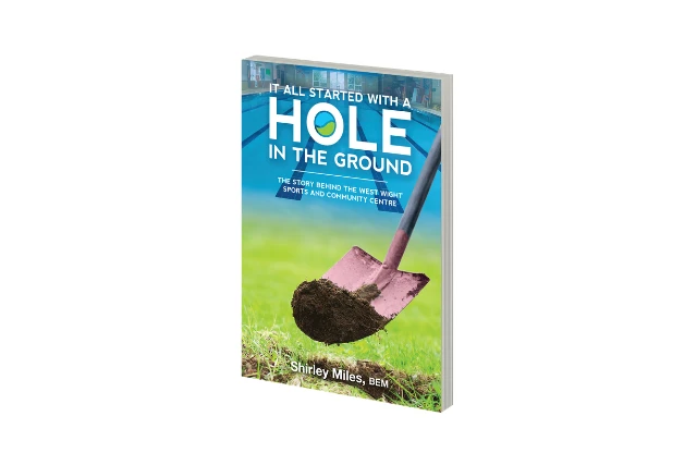 It All Started With A Hole In The Ground cover Cover of It All Started With A Hole In The Ground showing a spade lifting a clump of soil from the earth, with green grass visible beneath. The image blends upward into a bright blue swimming pool, with the book title overlaid across the top.