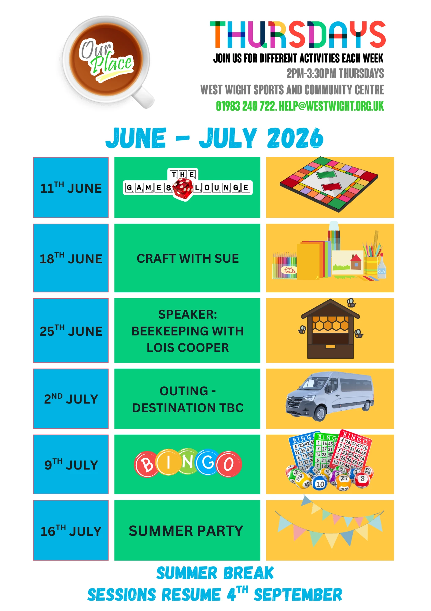 Our Place Thursdays - June - July 2026 Our Place Thutsday timetable June to July 2026