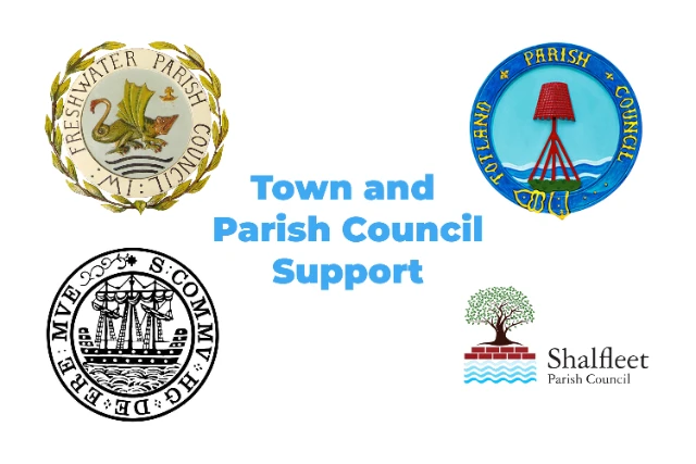 Town and Parish Council Support (1) Image showing the logos of local town and pariosh council supporting West Wight Sports and Community Centre. L-R Freshwater Parish Council, Totland Parish Council, Yarmouth Town Council, Shalfleet Parish Council