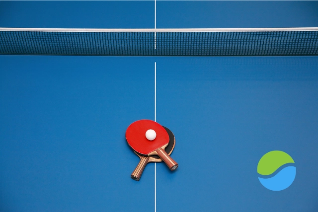 Table Tennis Two ping pong paddles and a ball rest on a blue ping pong table with a net in the background. A green and blue logo is visible on the right side of the table.