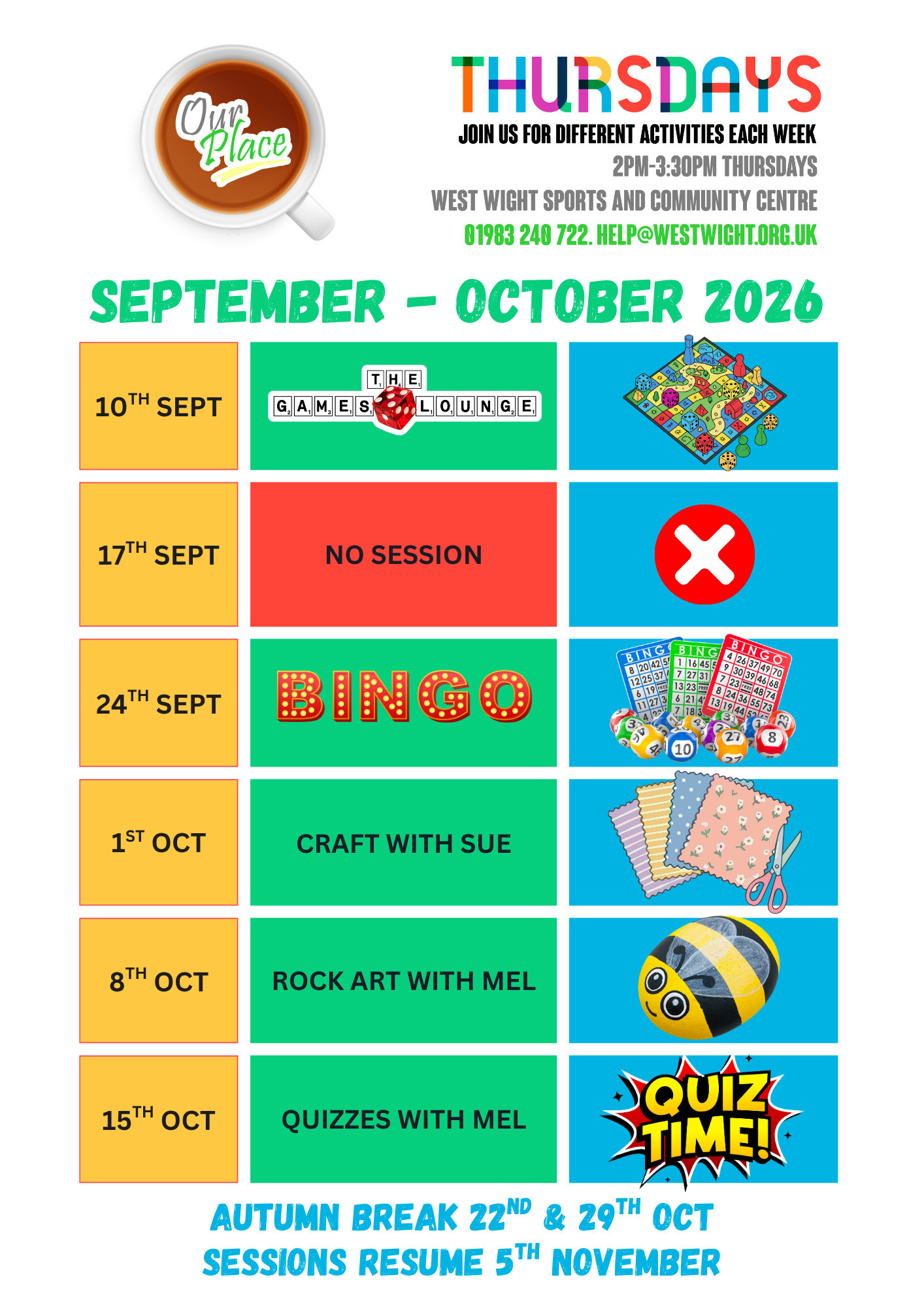 Our Place September and October timetable