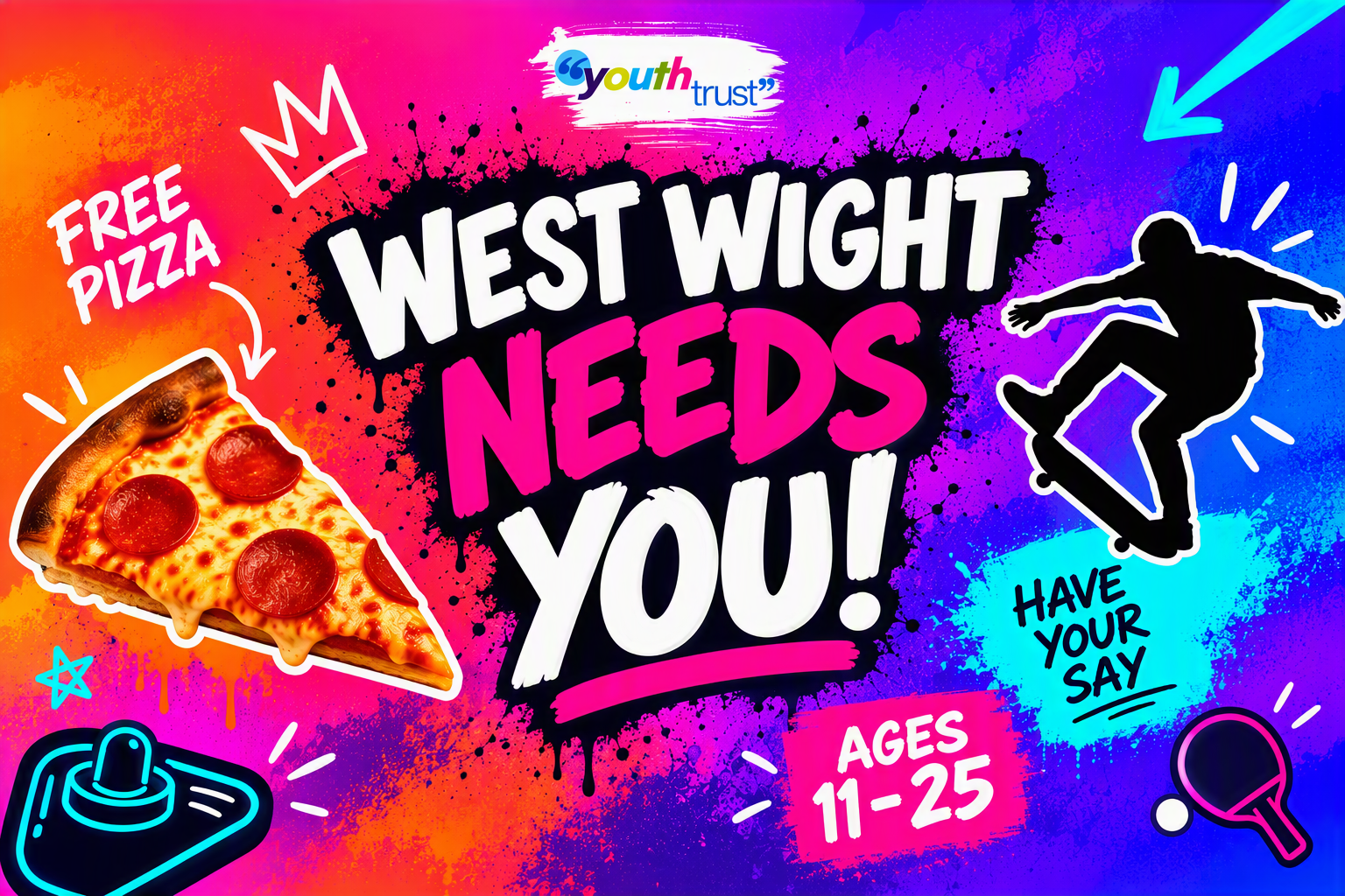 West Wight Needs You youth engagement banner promoting free pizza, activities and opportunities for young people aged 11-25.